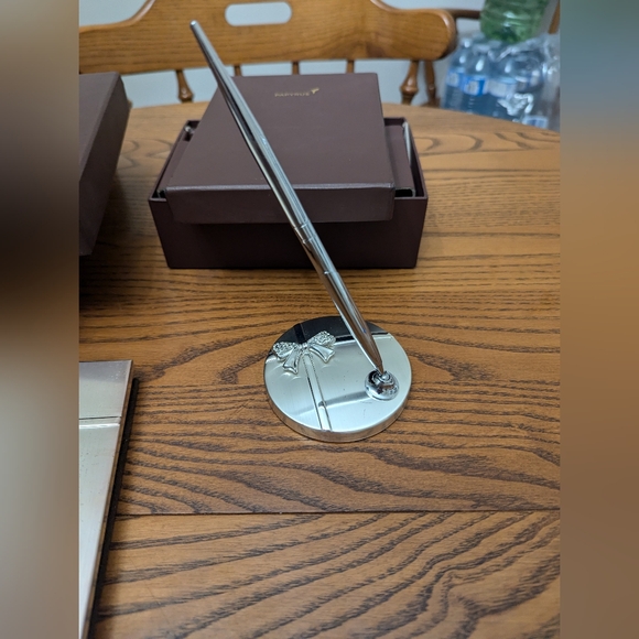 READ .Papyrus Guest book and pen with stand set.  Silver tone with Brown velour. - Picture 2 of 11